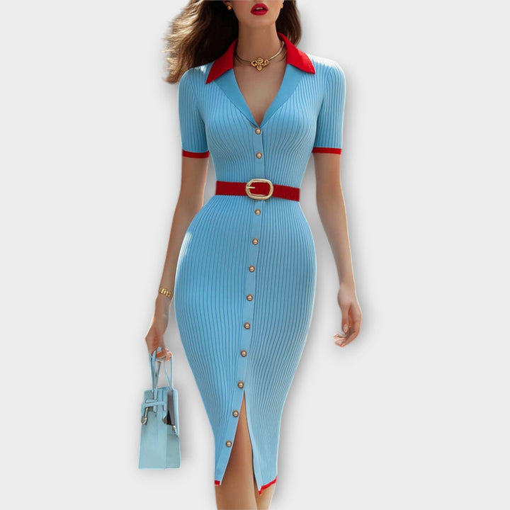 Sina - Rochie subțire stilată pastel albastru cu tiv căptușit