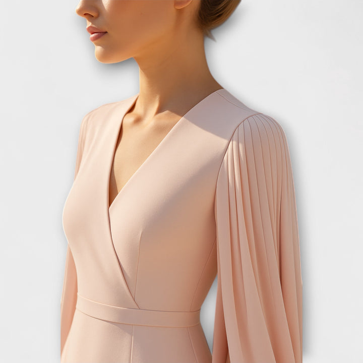 Rachel - Růžové midi šaty s výstřihem do V a chiffonovými rukávy