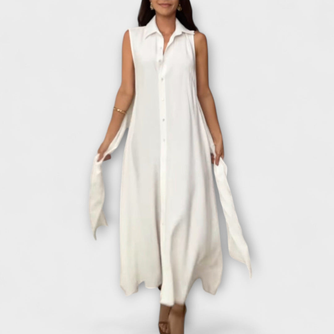 Mira - Rochie midi impresionantă cu închidere monocromă și detaliu de legare