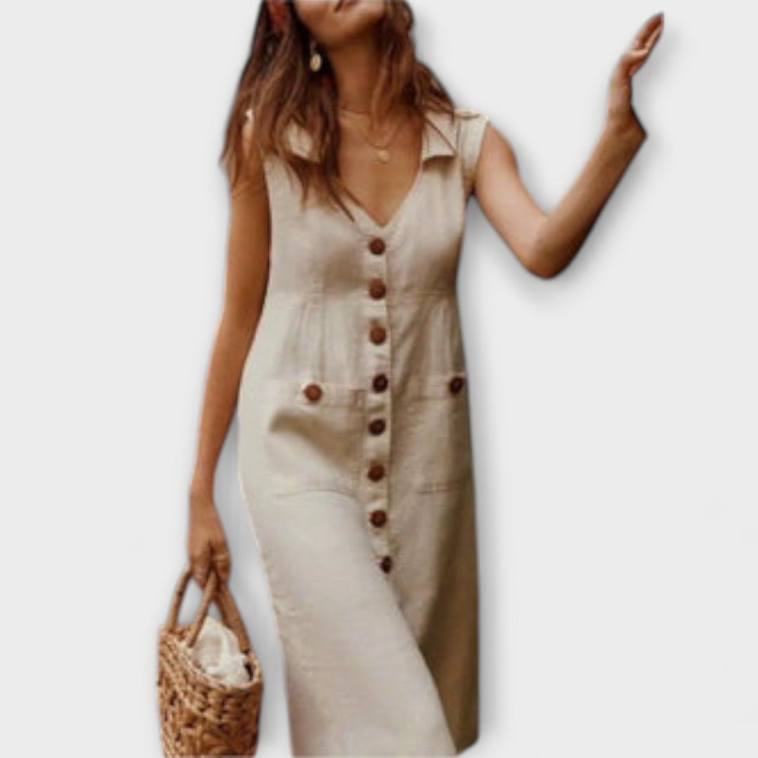 Nora – Rochie A-line din Bumbac și in cu decolteu în 'V'